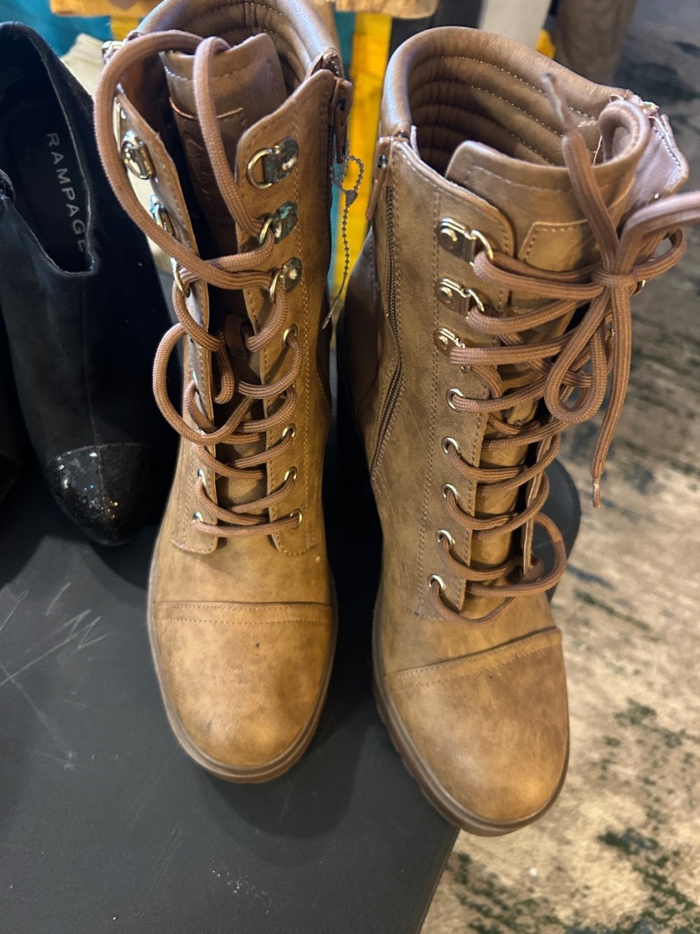 GBG Los Angeles Brown Lace-Up Combat Boots with Gold Hardware